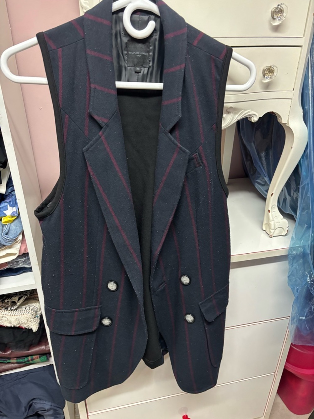 Sleeveless Pinstripe Blazer Vest - Navy with Burgundy Stripes